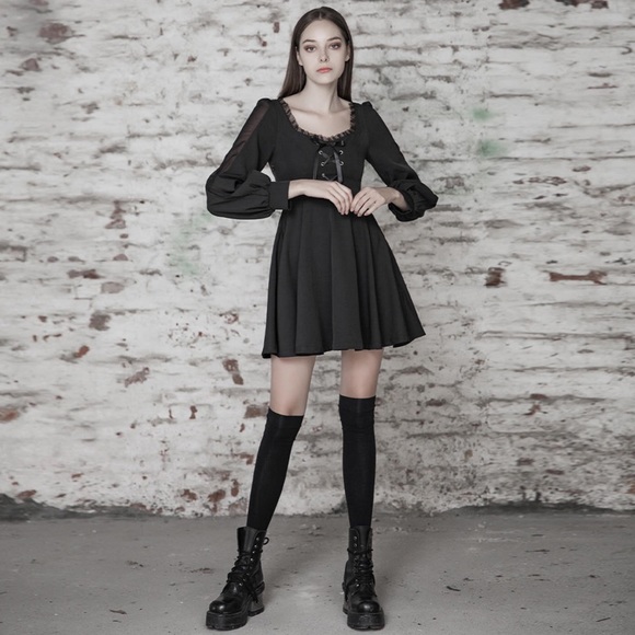 Punk Rave NEW Sexy Goth Long Sleeve Lace-Up A-Line Dress Black Square Neck Small - Picture 2 of 16